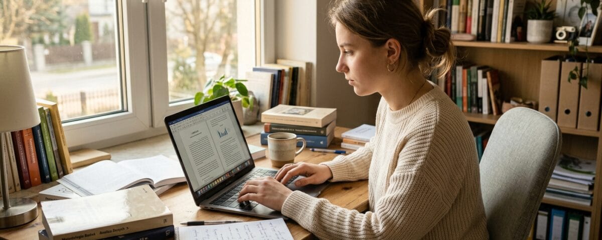 Studentka pisze pracę licencjacką na laptopie przy biurku z książkami