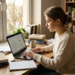 Studentka pisze pracę licencjacką na laptopie przy biurku z książkami