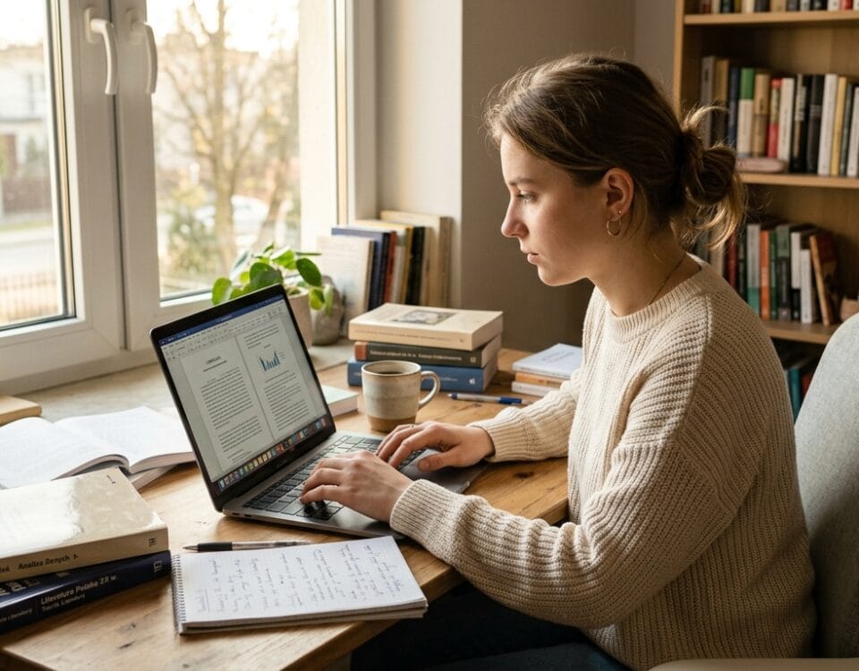 Studentka pisze pracę licencjacką na laptopie przy biurku z książkami