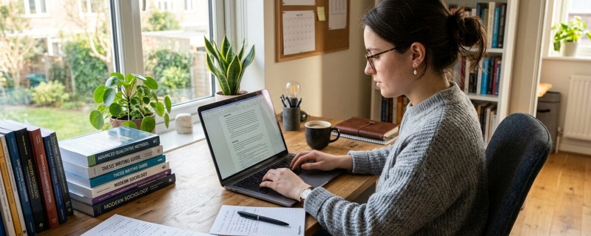 Studentka pisze pracę magisterską na laptopie przy biurku z książkami