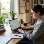 Studentka pisze pracę magisterską na laptopie przy biurku z książkami