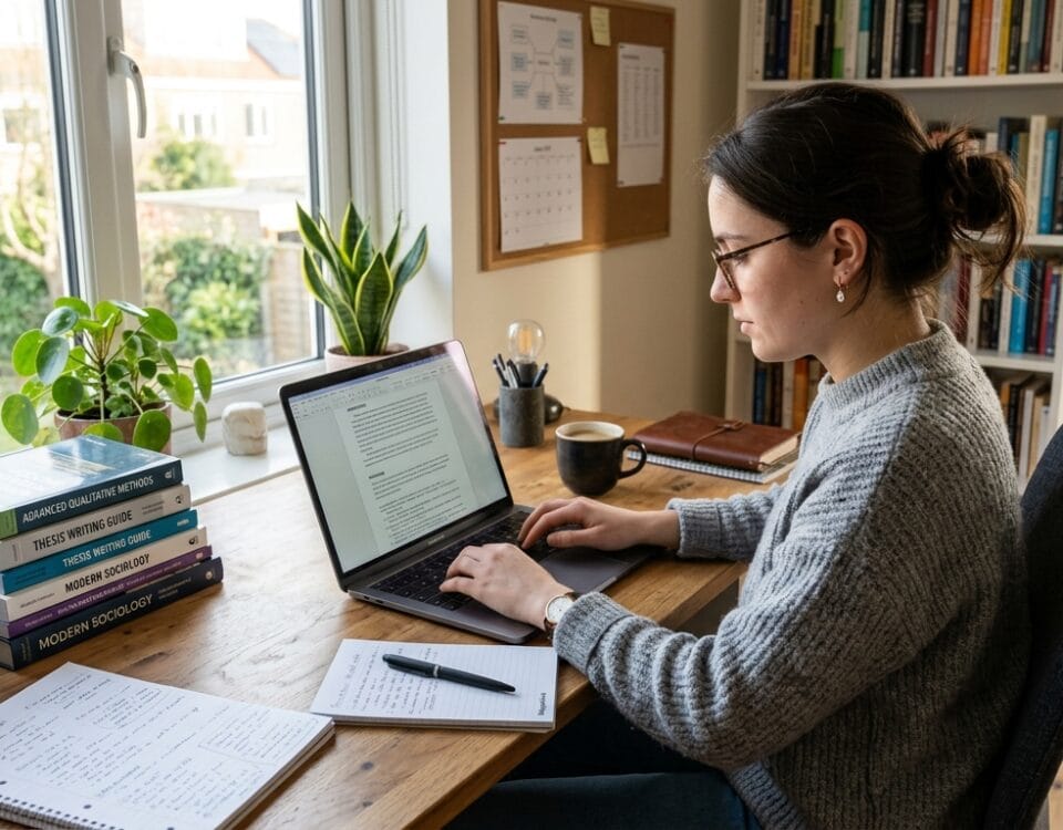 Studentka pisze pracę magisterską na laptopie przy biurku z książkami