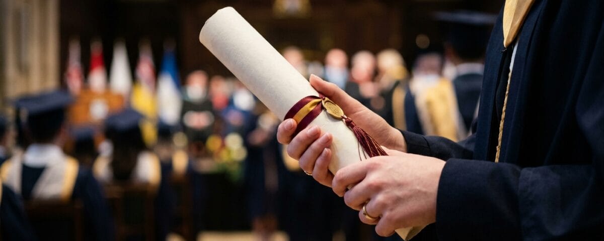 Dłonie studenta trzymające dyplom magisterski na uroczystości obrony
