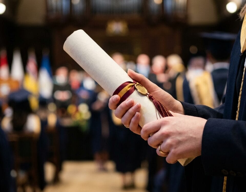 Dłonie studenta trzymające dyplom magisterski na uroczystości obrony