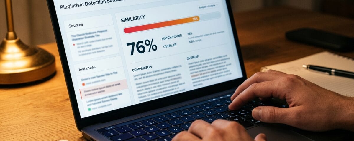 Ekran laptopa z raportem antyplagiatowym i ręce studenta na klawiaturze