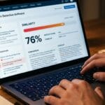 Ekran laptopa z raportem antyplagiatowym i ręce studenta na klawiaturze