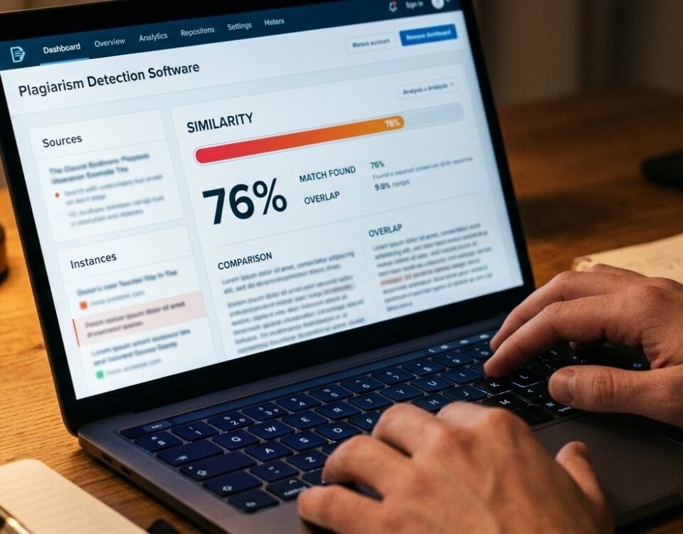 Ekran laptopa z raportem antyplagiatowym i ręce studenta na klawiaturze