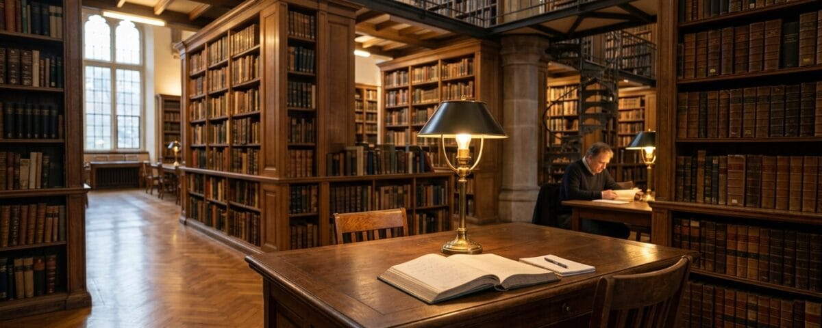 Wnętrze biblioteki akademickiej z lampką i regałami pełnymi książek