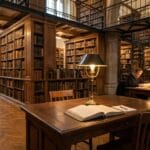 Wnętrze biblioteki akademickiej z lampką i regałami pełnymi książek