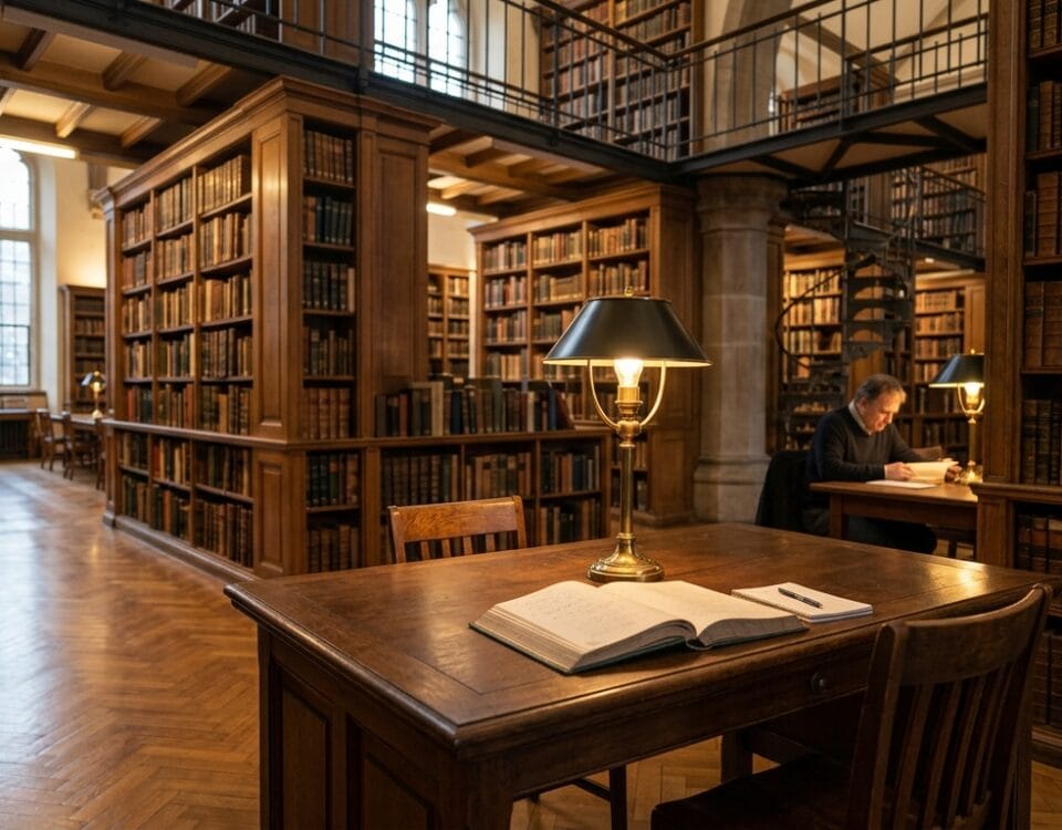 Wnętrze biblioteki akademickiej z lampką i regałami pełnymi książek