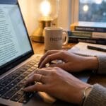 Dłonie studenta piszące pracę dyplomową na klawiaturze laptopa przy biurku