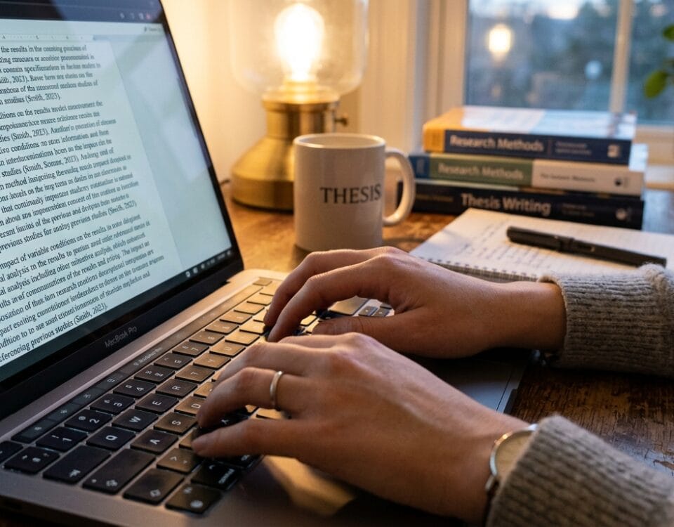 Dłonie studenta piszące pracę dyplomową na klawiaturze laptopa przy biurku