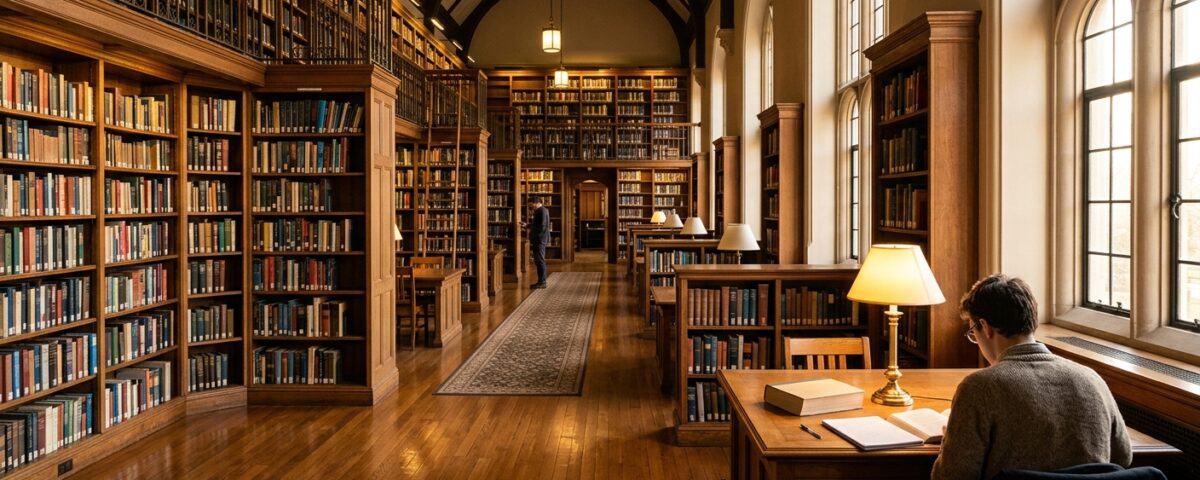 Regały biblioteczne i lampa nad stołem do nauki w czytelni akademickiej