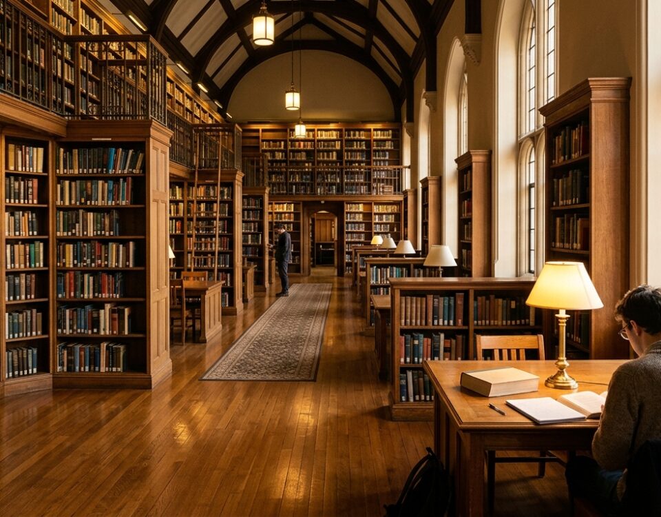 Regały biblioteczne i lampa nad stołem do nauki w czytelni akademickiej