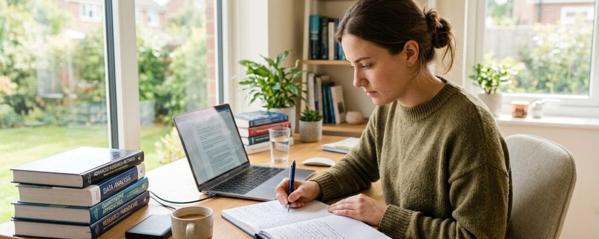 Studentka pisze wstęp do pracy inżynierskiej na laptopie przy biurku