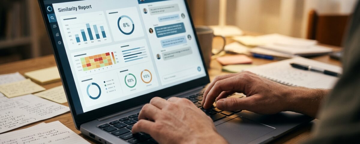 Ekran laptopa z raportem antyplagiatowym i oknem czatu AI obok siebie