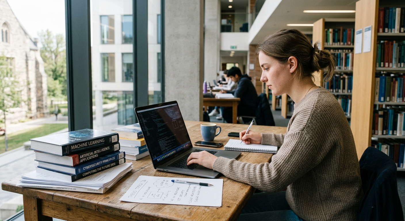 Studentka pisze kod na laptopie w bibliotece, obok książki o uczeniu maszynowym