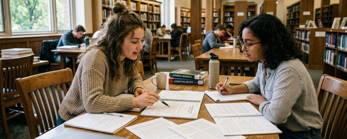Dwoje studentów przy stole w bibliotece omawia dokumenty pracy dyplomowej