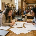 Dwoje studentów przy stole w bibliotece omawia dokumenty pracy dyplomowej