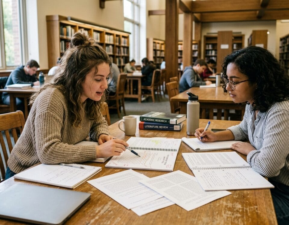 Dwoje studentów przy stole w bibliotece omawia dokumenty pracy dyplomowej